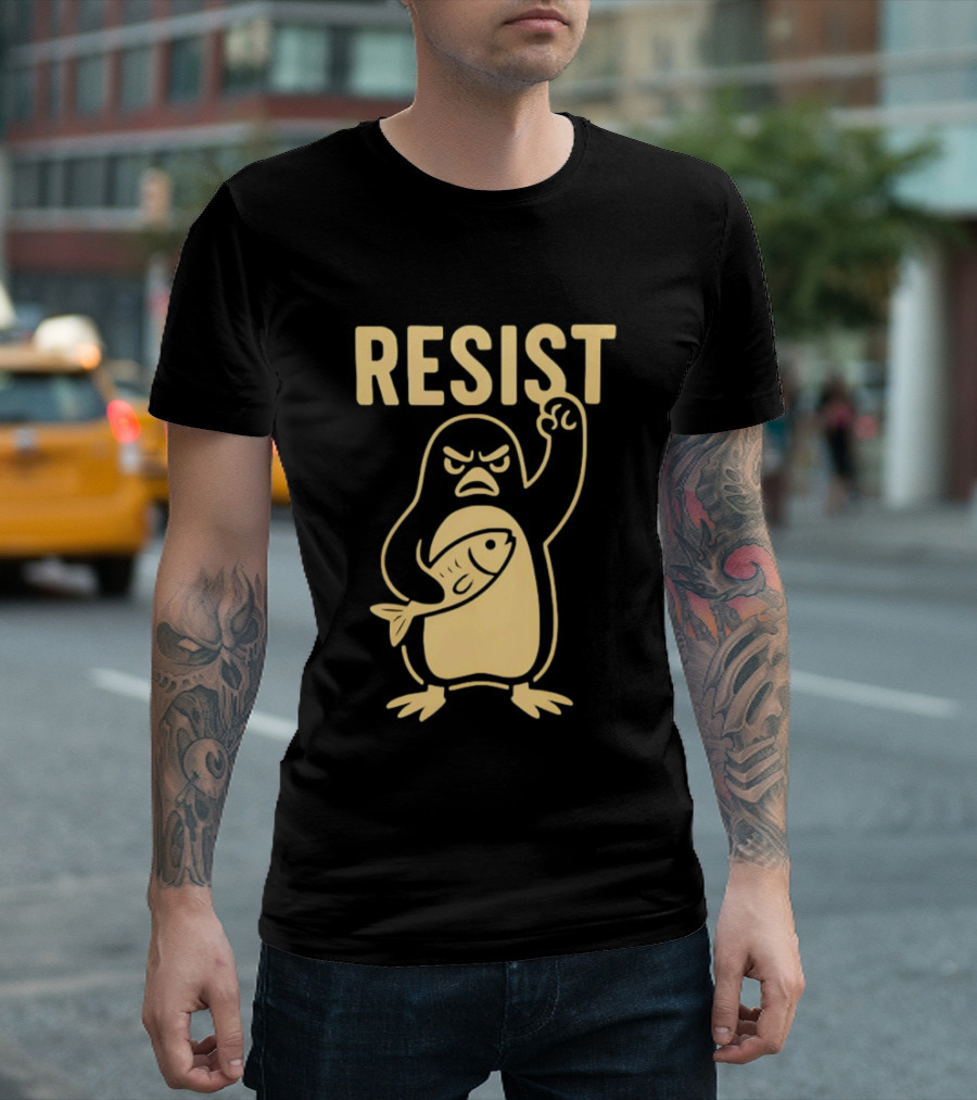 RESIST Angry Penguin Holding Fish T-Shirt