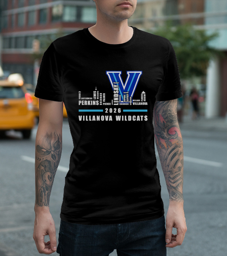 2026 Villanova Wildcats V With City Skyline And Player Names T-Shirt