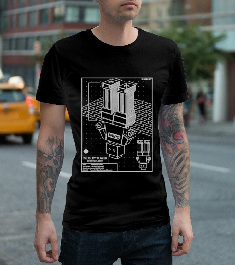 Crosley Tower Blueprint Cincinnati Ohio Robot Schematic T-Shirt