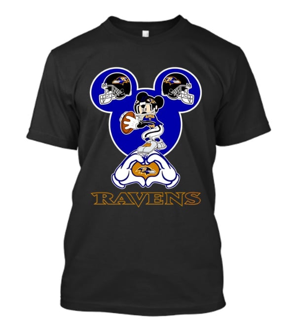 Baltimore Ravens Mickey Mouse Heart Hands Football Helmets T-Shirt