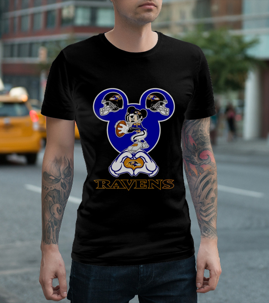 Baltimore Ravens Mickey Mouse Heart Hands Football Helmets T-Shirt