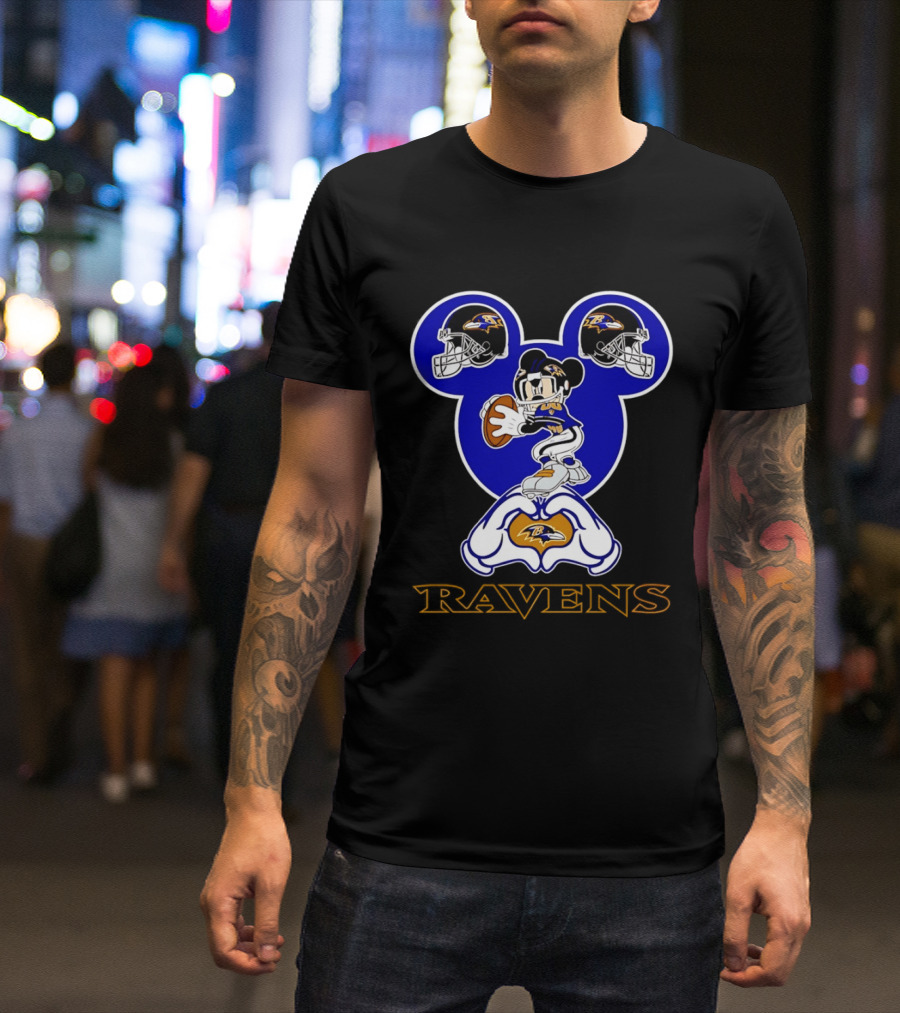 Baltimore Ravens Mickey Mouse Heart Hands Football Helmets T-Shirt