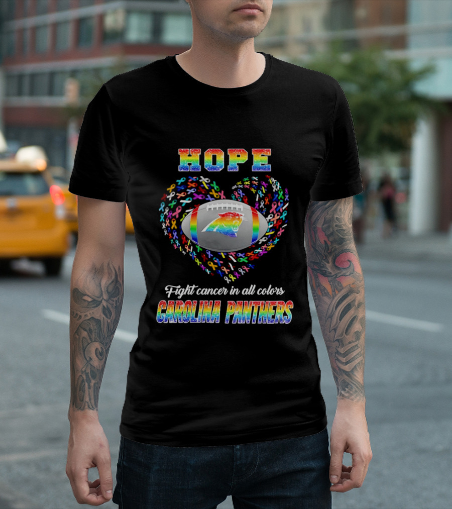 Hope Fight Cancer In All Colors Carolina Panthers Rainbow Football Heart Ribbons T-Shirt