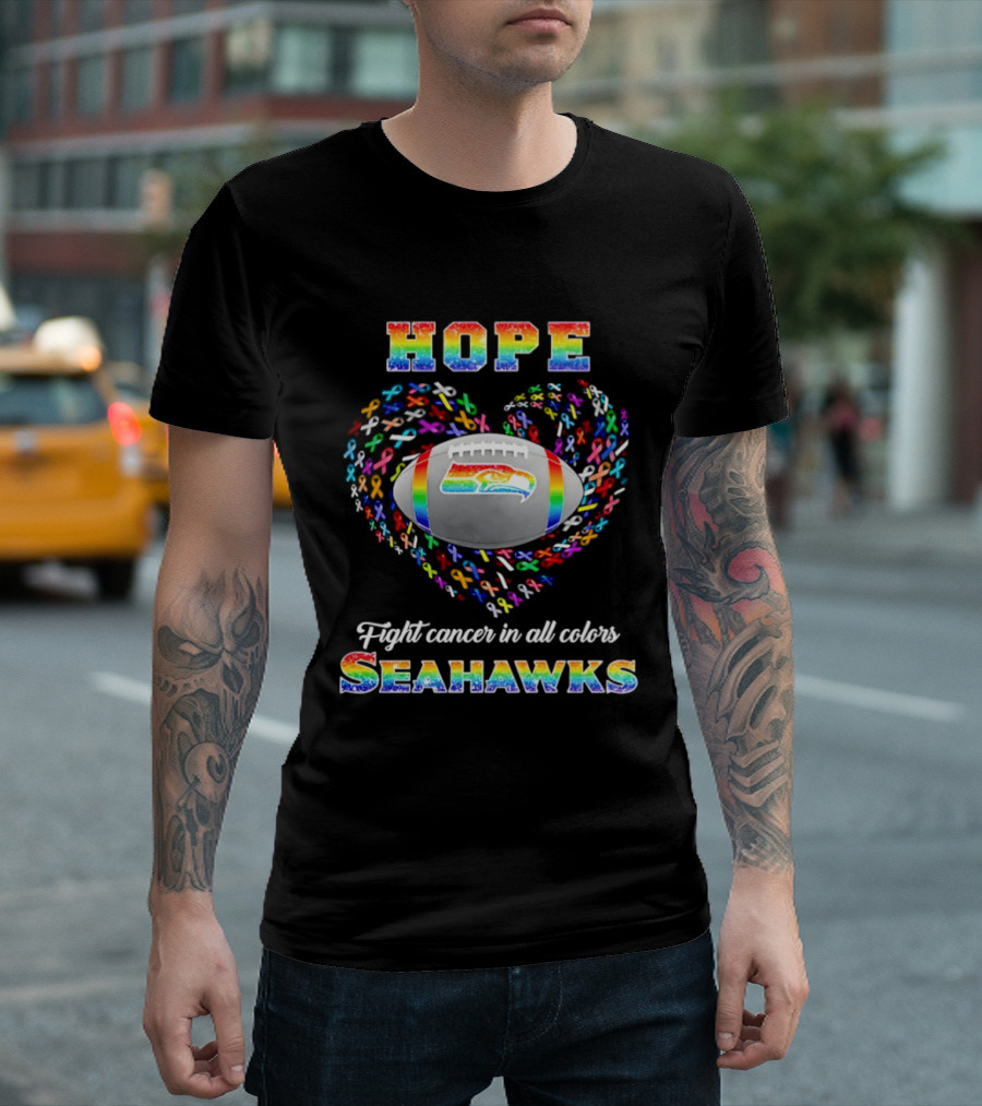 Hope Fight Cancer In All Colors Seahawks Rainbow Heart Football T-Shirt