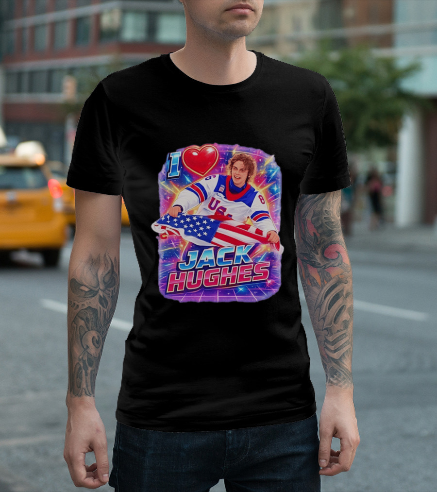 I Love Jack Hughes USA Hockey Flag Celebration T-Shirt