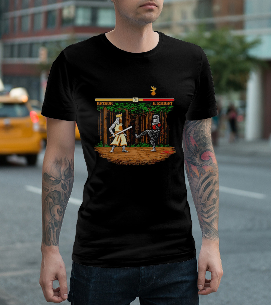 King Arthur Vs Black Knight KO Monty Python And The Holy Grail Pixel Art Forest Duel T-Shirt