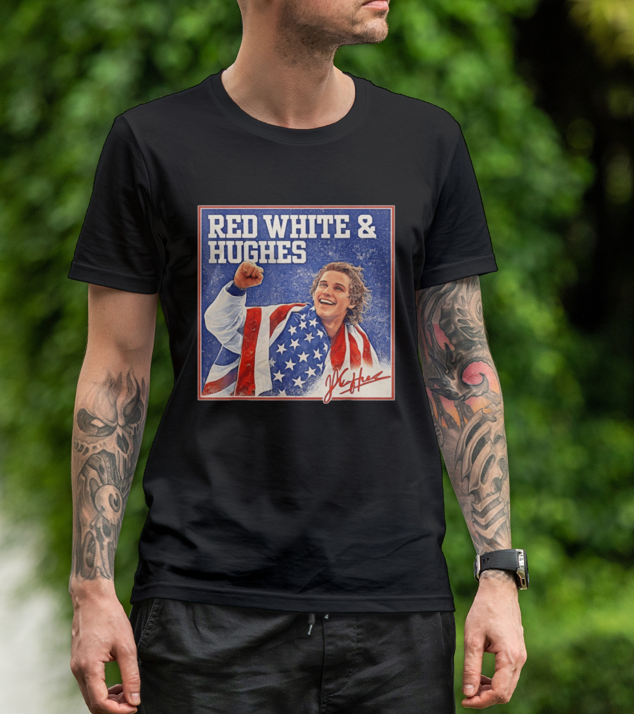 Red White & Hughes USA Jack Hughes Signature Fist Pump Celebration T-Shirt