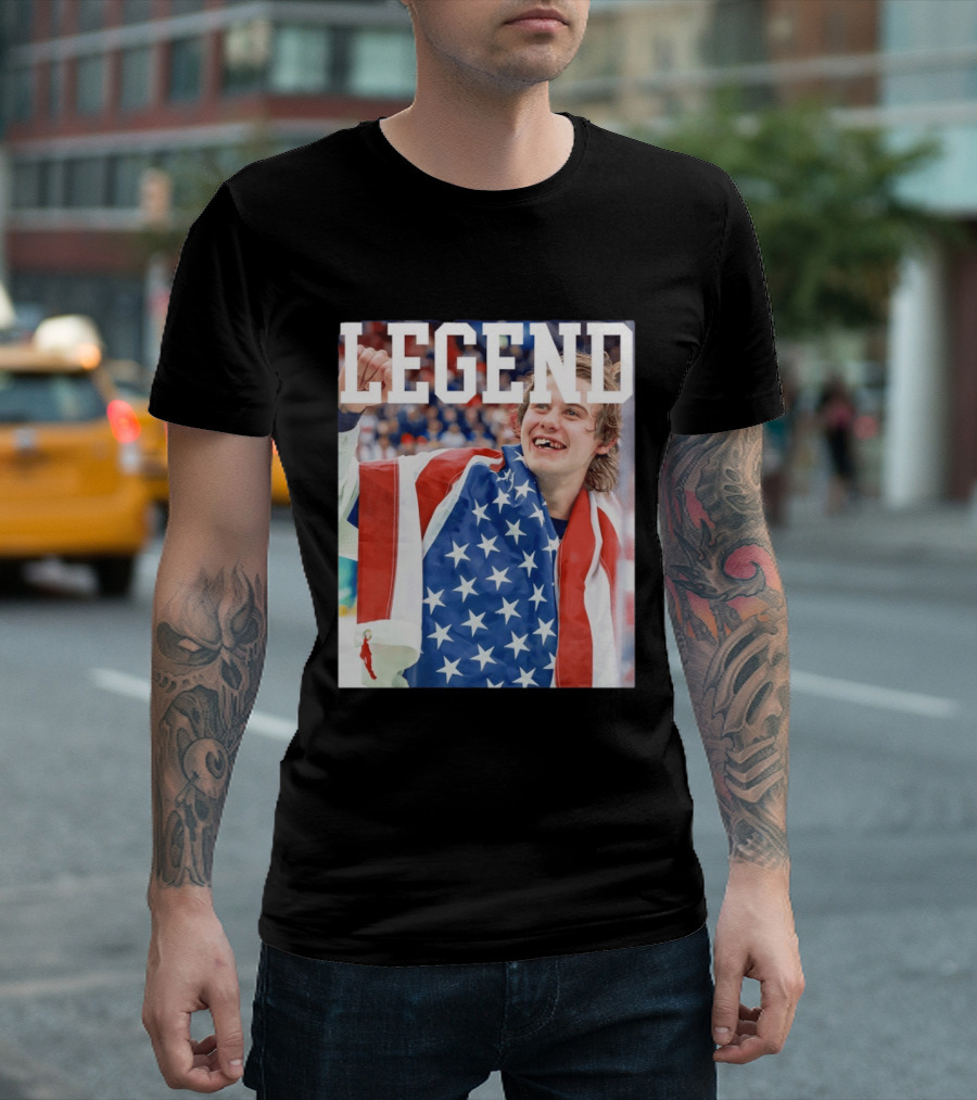 Men's Hockey USA Jack Hughes Legend American Flag Victory Celebration T-Shirt
