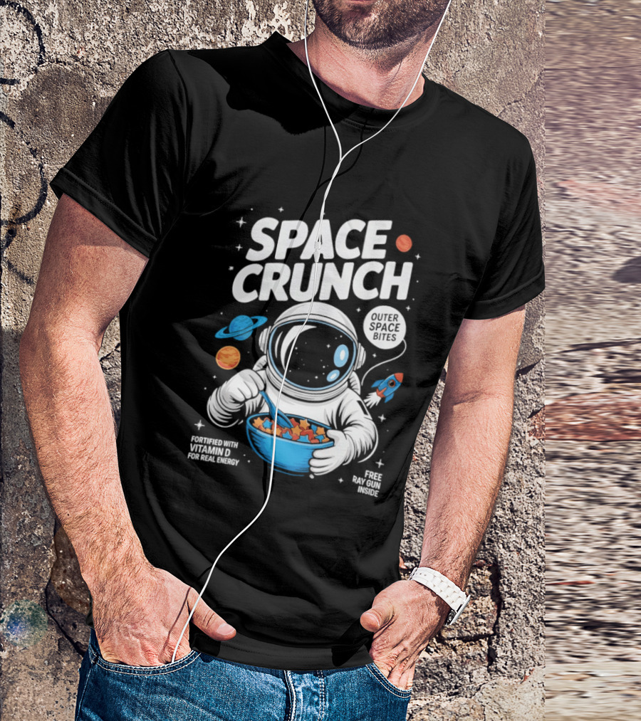 Space Crunch Outer Space Bites Astronaut Eating Cereal Planets Rockets T-Shirt