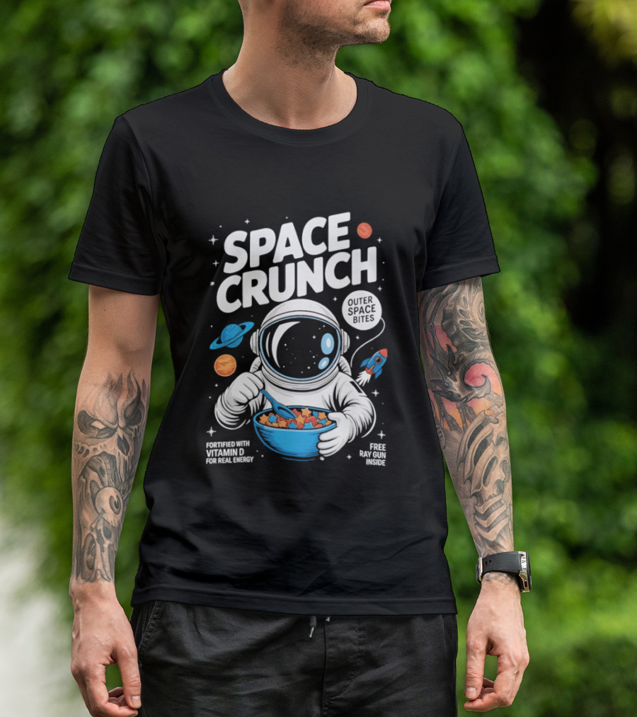 Space Crunch Outer Space Bites Astronaut Eating Cereal Planets Rockets T-Shirt