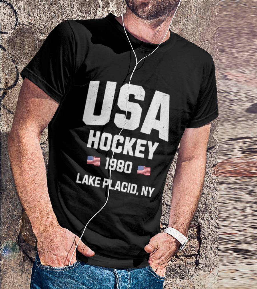 USA Hockey 1980 Lake Placid NY American Flags T-Shirt