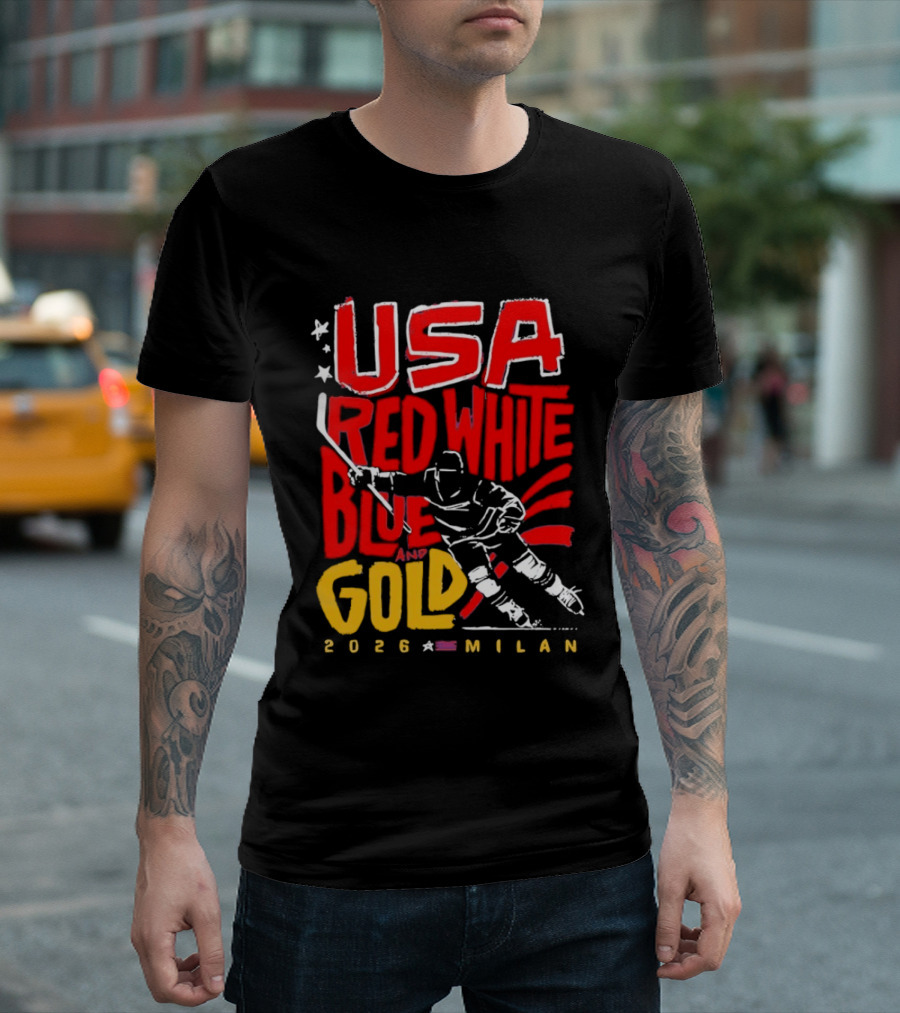 USA Hockey Red White Blue Gold 2026 Milan Sports Event T-Shirt