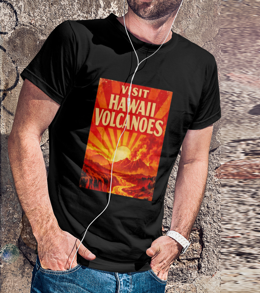 Visit Hawaii Volcanoes Vintage Travel With Erupting Mountain And Sunset Rays T-Shirt