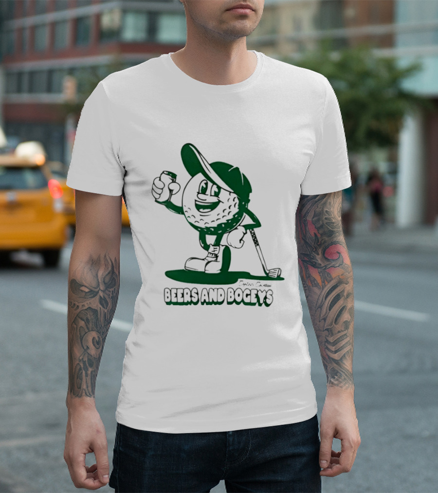 Beers And Bogeys Golf Cartoon Character With Beer Can And Club T-Shirt