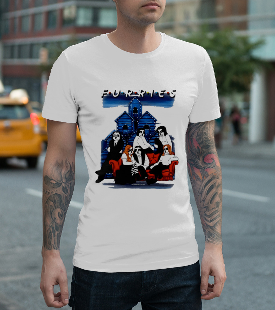 Furries Friends Group Sitting In Front Of Blue Houses T-Shirt