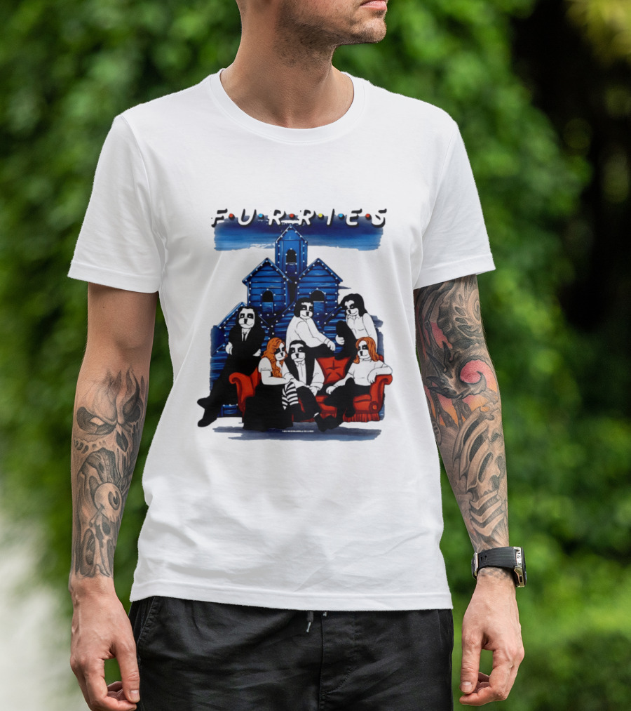 Furries Friends Group Sitting In Front Of Blue Houses T-Shirt