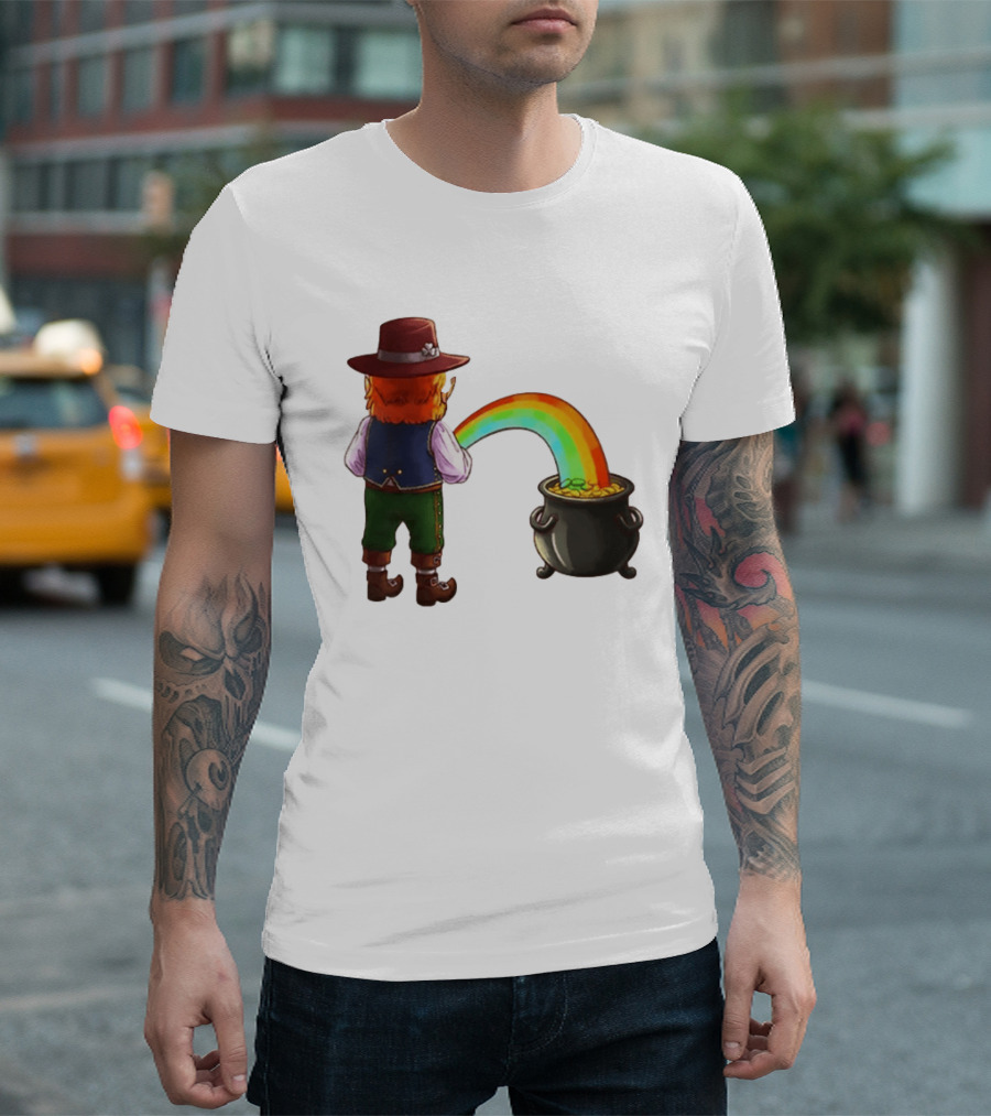 St Patricks Day Leprechaun Pissing Rainbow Into Pot Of Gold Meme T-Shirt