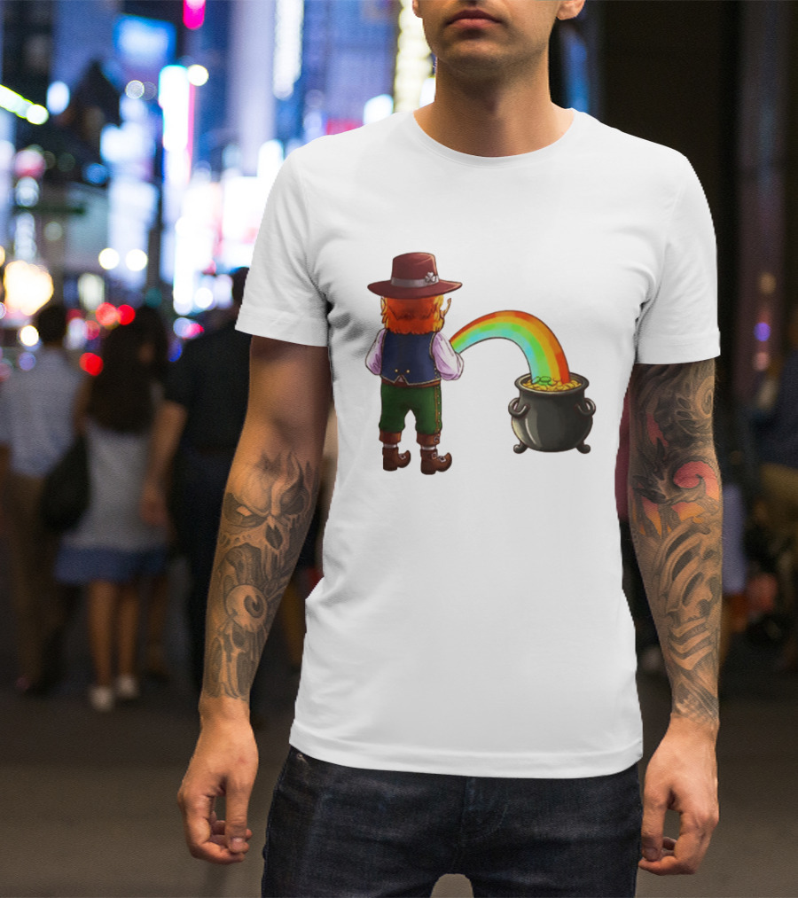 St Patricks Day Leprechaun Pissing Rainbow Into Pot Of Gold Meme T-Shirt