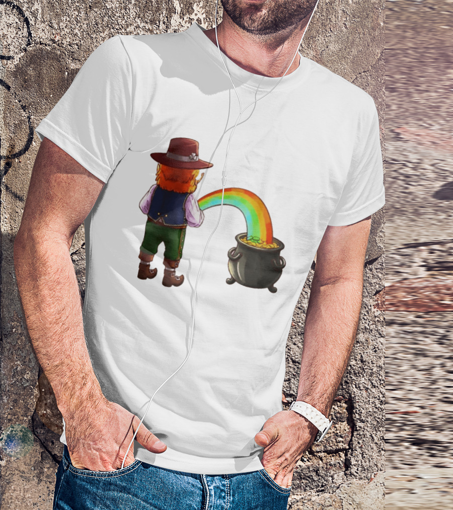 St Patricks Day Leprechaun Pissing Rainbow Into Pot Of Gold Meme T-Shirt