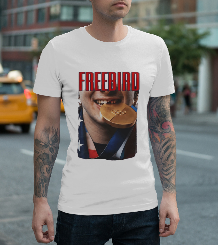 Jack Hughes Freebird Golden Smile Olympic Medal Bite T-Shirt