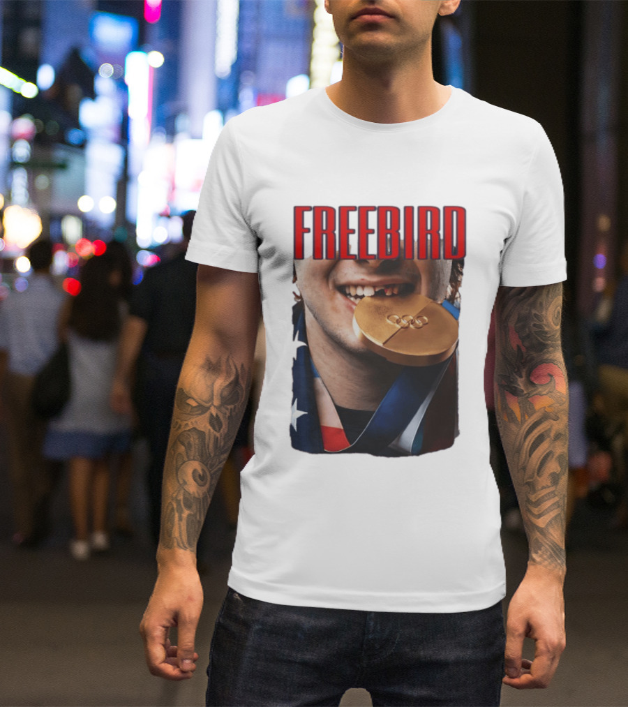 Jack Hughes Freebird Golden Smile Olympic Medal Bite T-Shirt