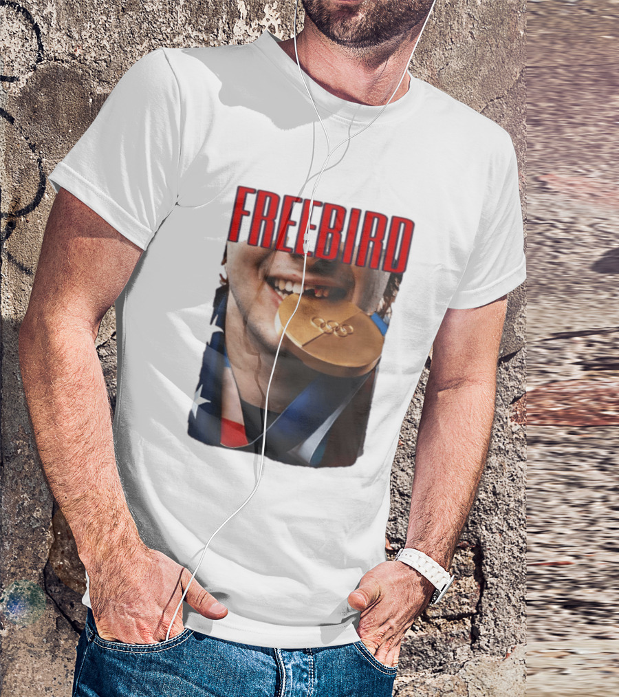 Jack Hughes Freebird Golden Smile Olympic Medal Bite T-Shirt