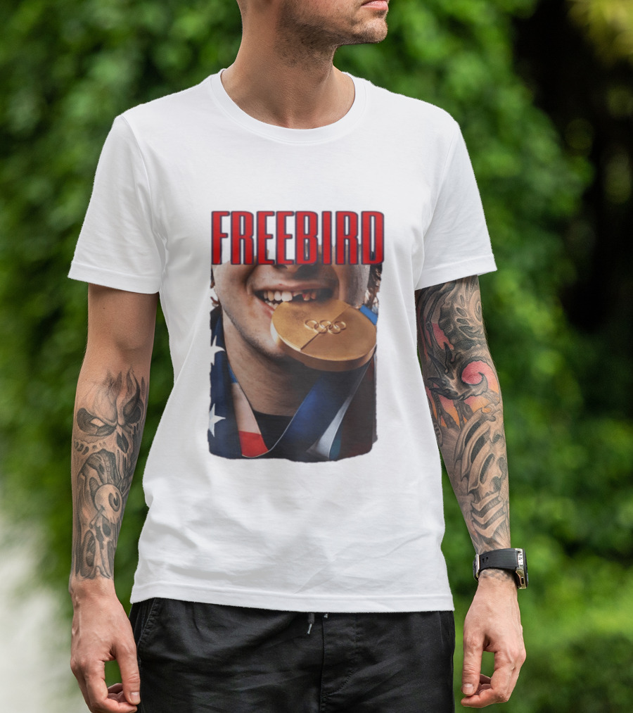 Jack Hughes Freebird Golden Smile Olympic Medal Bite T-Shirt