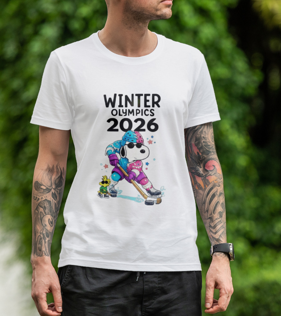 Snoopy Woodstock Winter Olympics 2026 Ice Hockey Milano Cortina T-Shirt