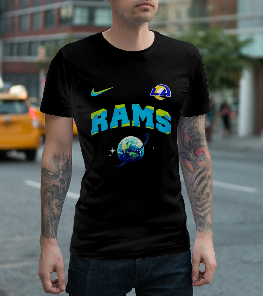 Los Angeles Rams Earth Day One Planet One Goal Nike Collaboration With LA Logo And Planet T-Shirt