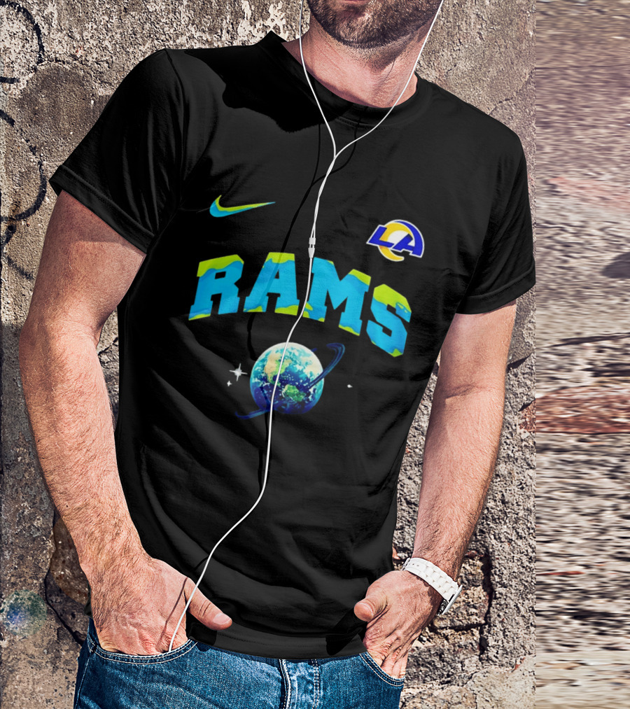 Los Angeles Rams Earth Day One Planet One Goal Nike Collaboration With LA Logo And Planet T-Shirt