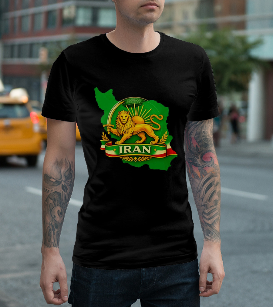 Iran Lion And Sun Emblem On Map Of Iran With National T-Shirt