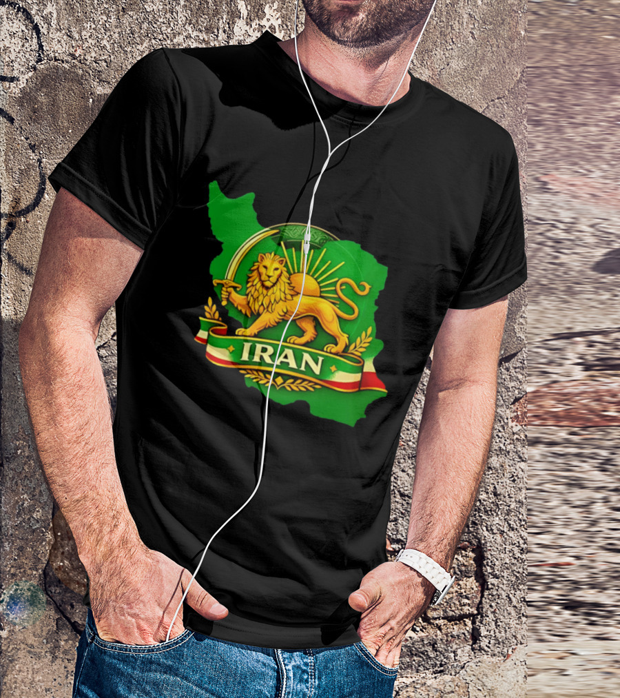 Iran Lion And Sun Emblem On Map Of Iran With National T-Shirt