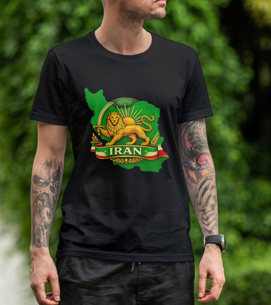 Iran Lion And Sun Emblem On Map Of Iran With National T-Shirt