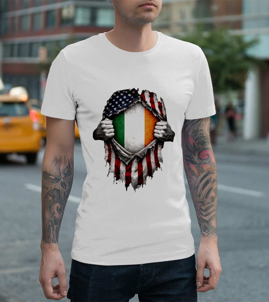 Irish Inside American Flag Tear With Ireland Flag T-Shirt