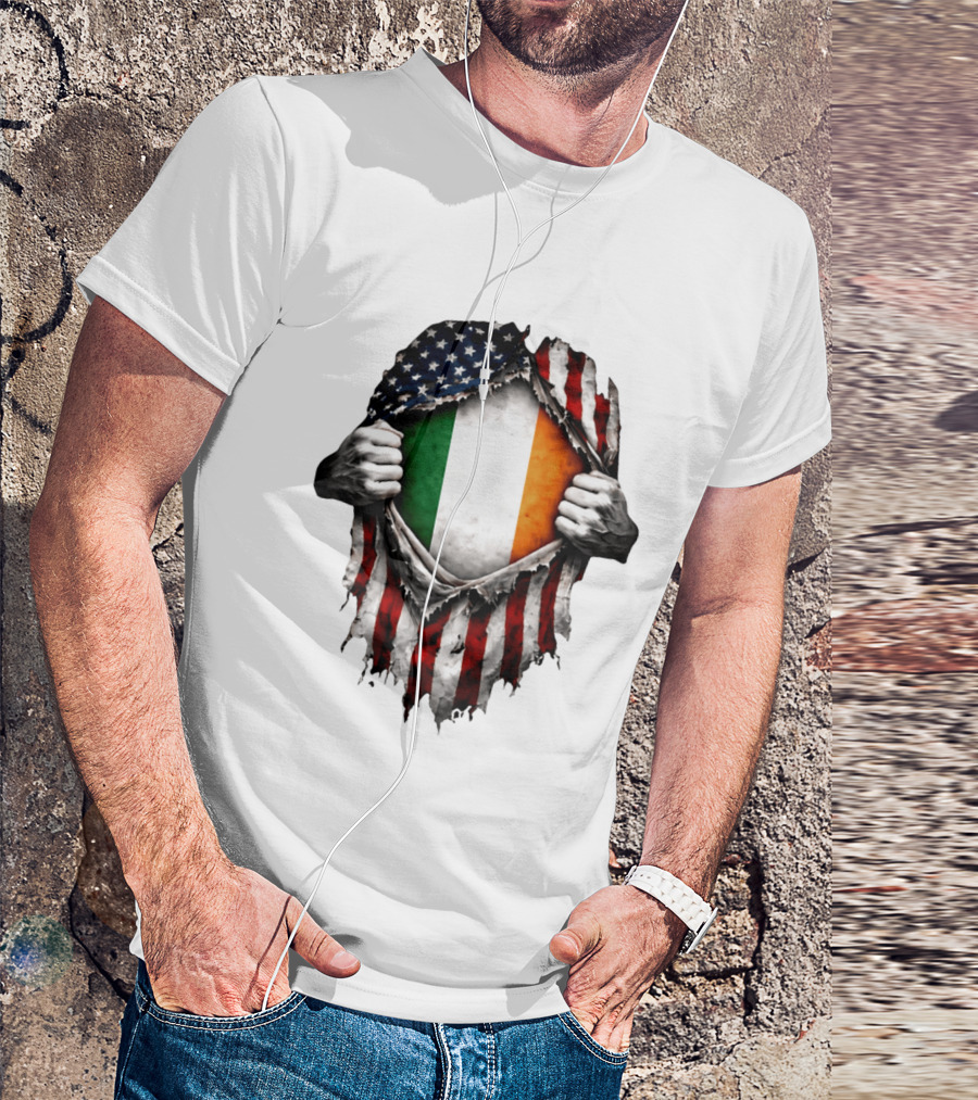 Irish Inside American Flag Tear With Ireland Flag T-Shirt