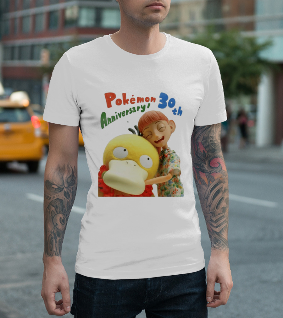 Pokémon 30th Anniversary Pokémon Concierge Psyduck Hugging Celebration T-Shirt