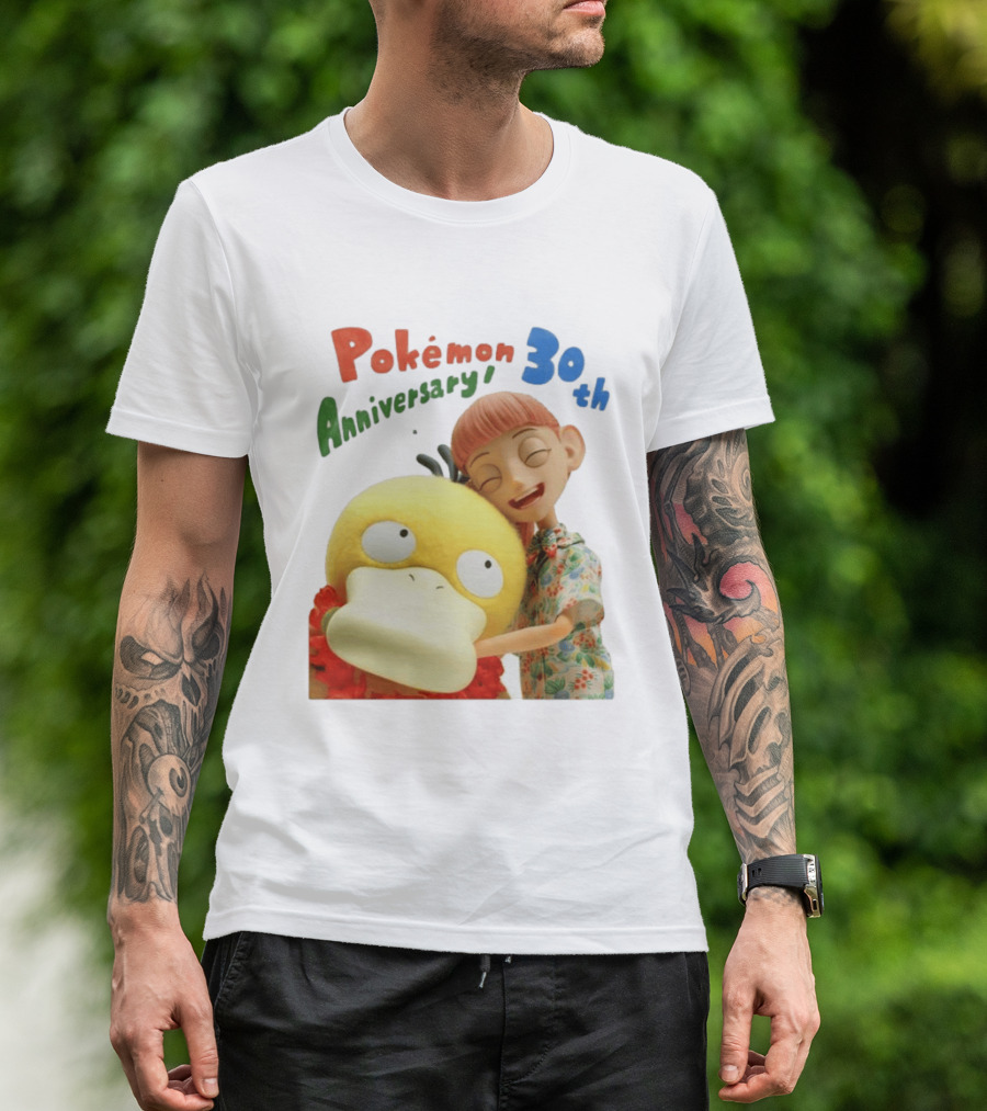 Pokémon 30th Anniversary Pokémon Concierge Psyduck Hugging Celebration T-Shirt