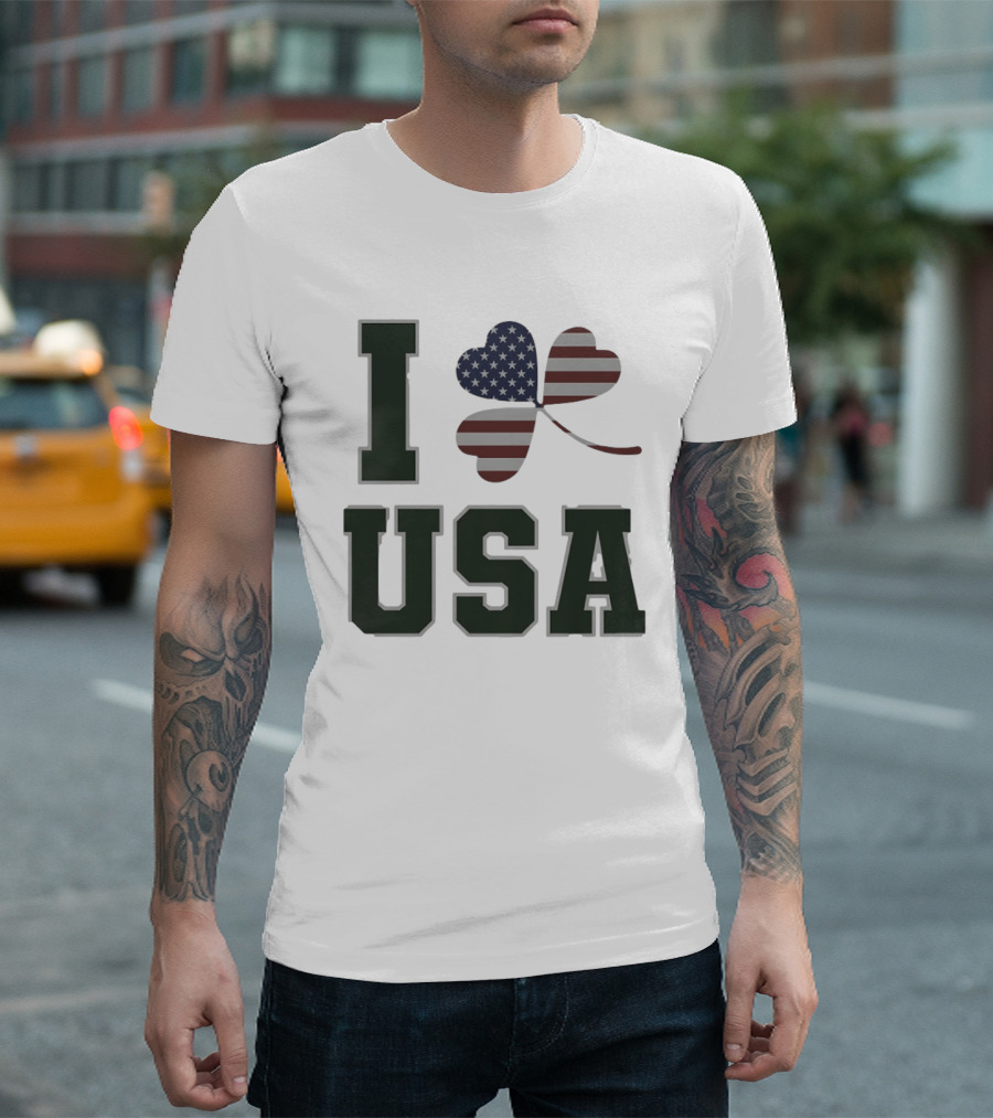 I Love USA St Patrick's Day Shamrock American Flag Heart T-Shirt