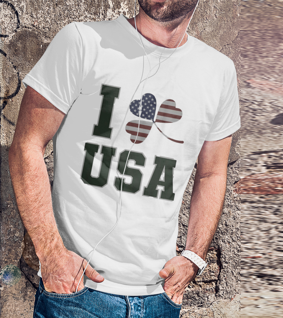 I Love USA St Patrick's Day Shamrock American Flag Heart T-Shirt