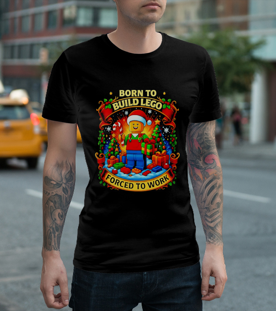 Santa Lego Born To Build Lego Forced To Work Christmas Cartoon T-Shirt