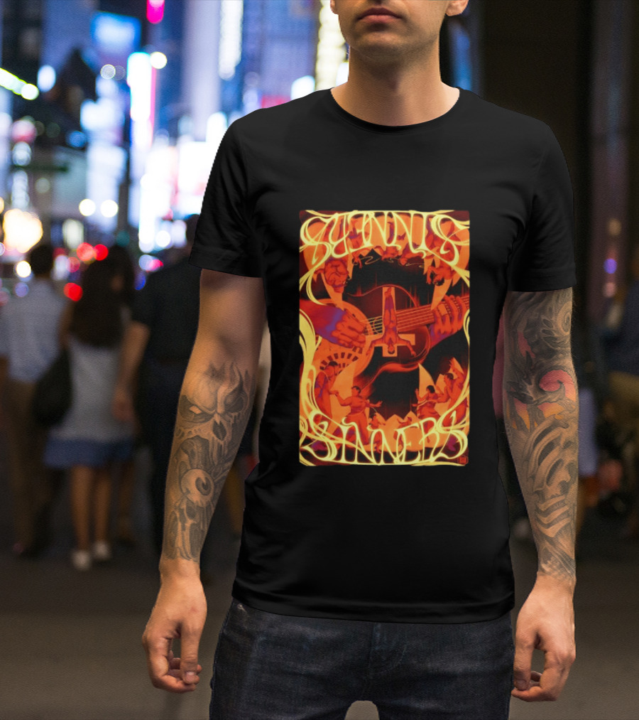 Sinners Pecadores Upside Down Guitar Person T-Shirt