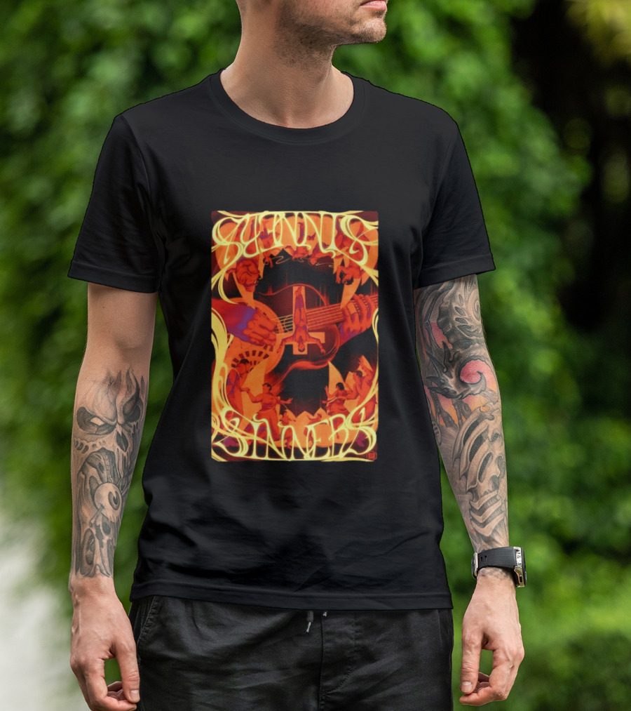 Sinners Pecadores Upside Down Guitar Person T-Shirt