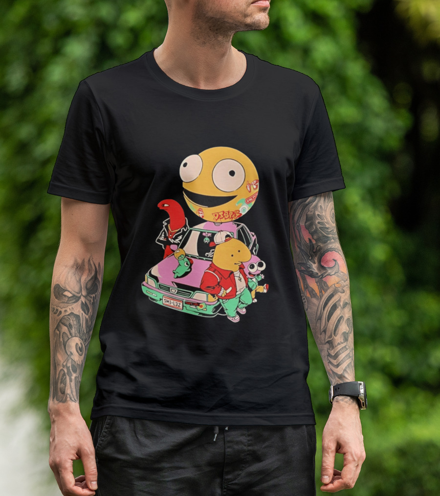 Smiling Friends Cartoon Characters With Graffiti Art Car T-Shirt