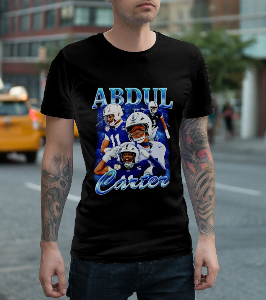 Abdul Carter Football Player Collage Blue And White Helmets T-Shirt