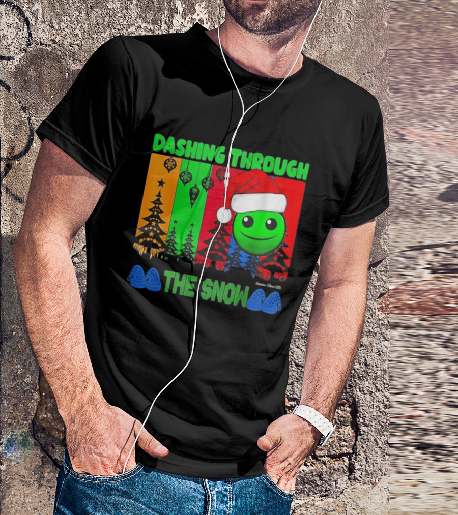Dashing Through The Snow Emoji Santa Hat Christmas Trees Multicolor Snowflakes T-Shirt