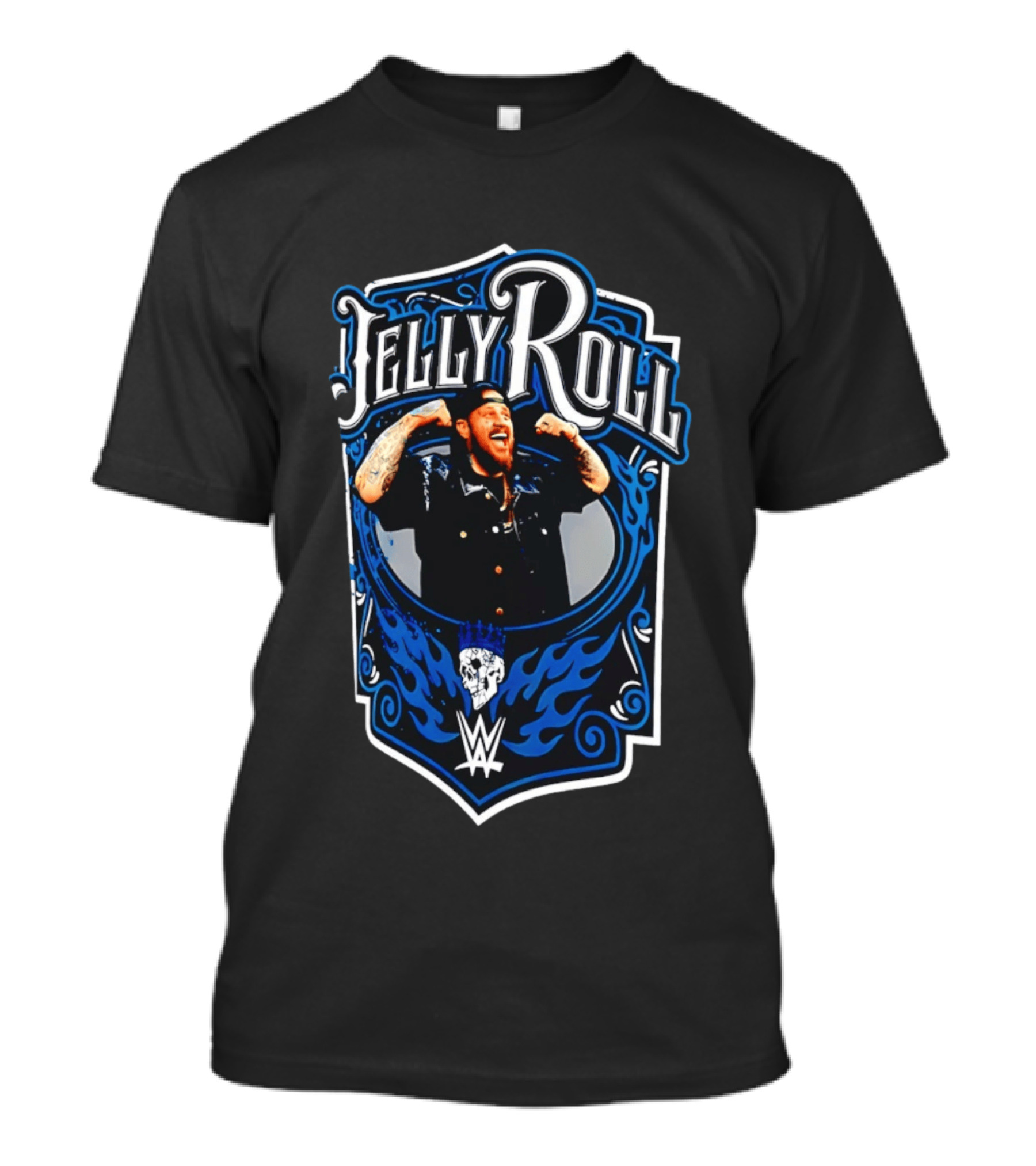 Jelly Roll WWE Superstar Illustration With Flaming Skull And Tattooed Arms T-Shirt