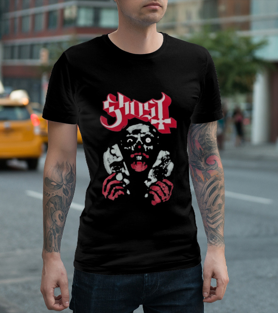 Ghost Mask Design Red And White Skulls And Hands T-Shirt