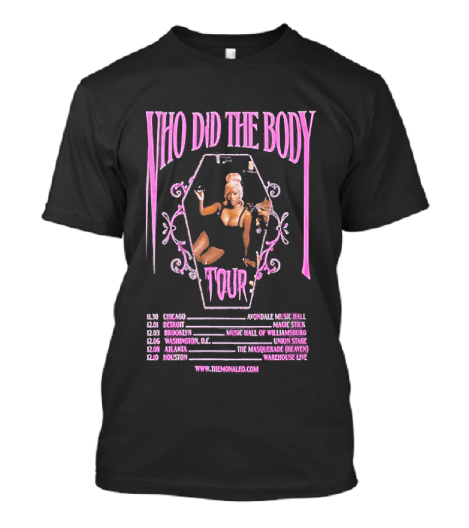 Monaleo Who Did The Body Tour December 2025 Dates Gothic Coffin Pink Black Six Cities Concert T-Shirt