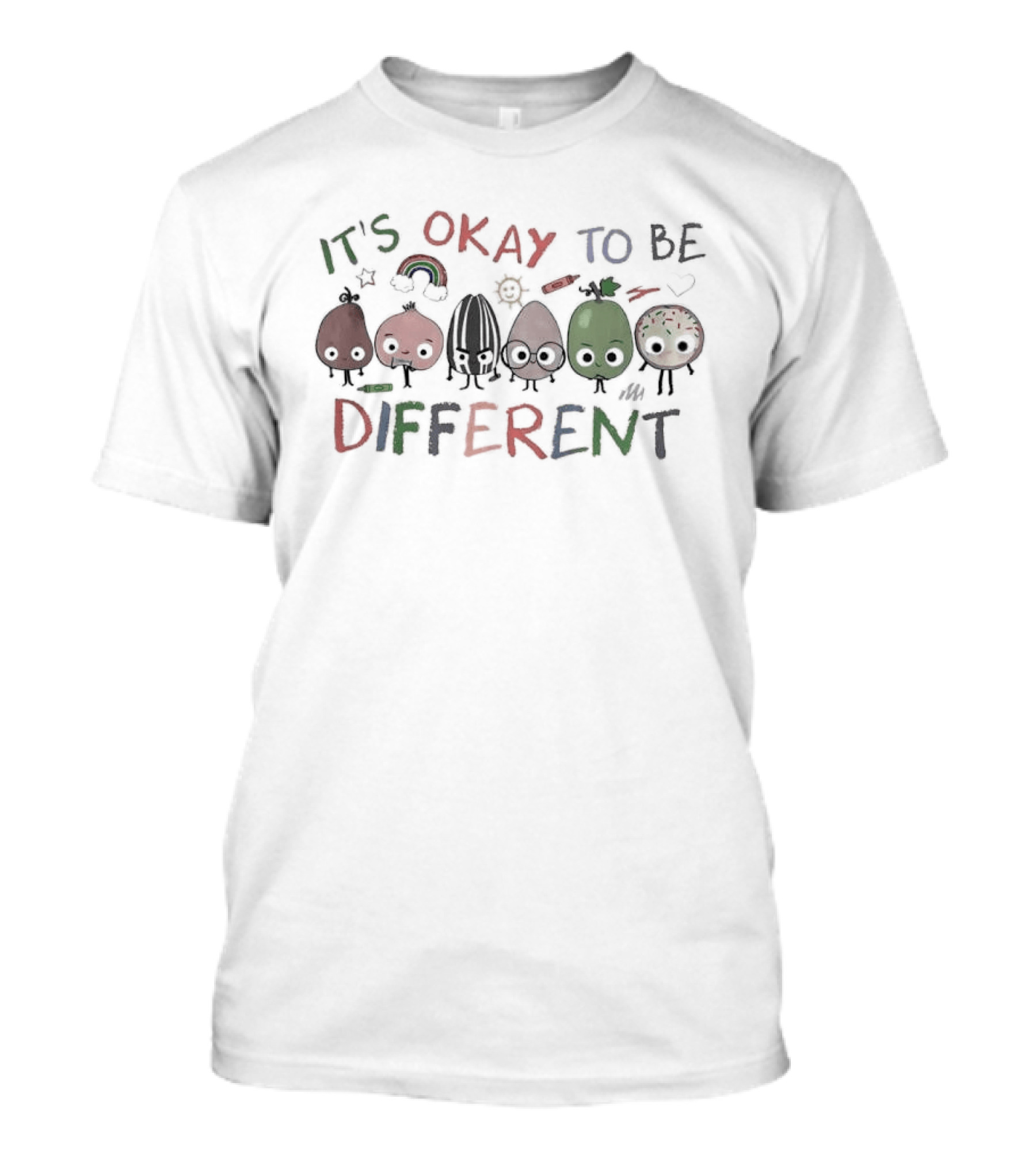 It's Okay To Be Different Autism Awareness Nuts Fruits Sketch With Rainbow And Smiley Faces T-Shirt