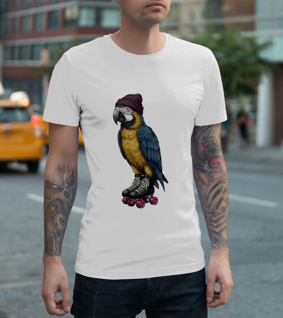 Nice Roller Skating Parrot With Hat And Colorful Feathers T-Shirt